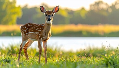 A spotted fawn stands in a grassy field, with a lake and golden sunlight in the background