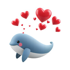 A cute blue whale with red hearts floating above it on transparent background