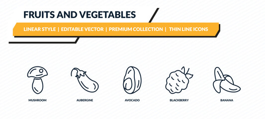 fruits and vegetables icons set - mushroom, aubergine, avocado, blackberry, banana outline vector collection. © IconArt
