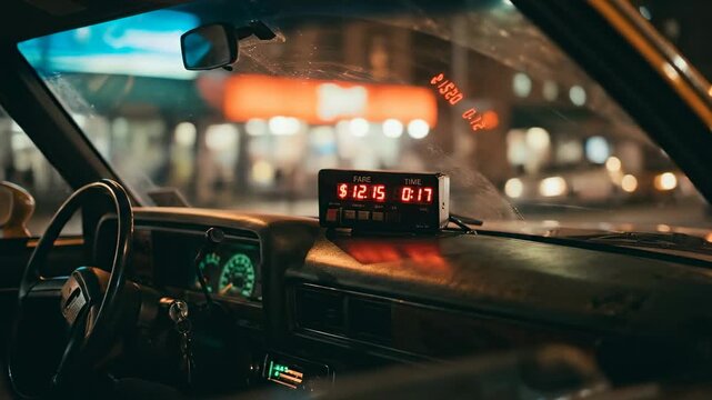 Taxi dashboard displays changing fare in city night with blurred lights in background. Digital fare meter and steering wheel are visible. Concept of transportation, cab services, urban travel
