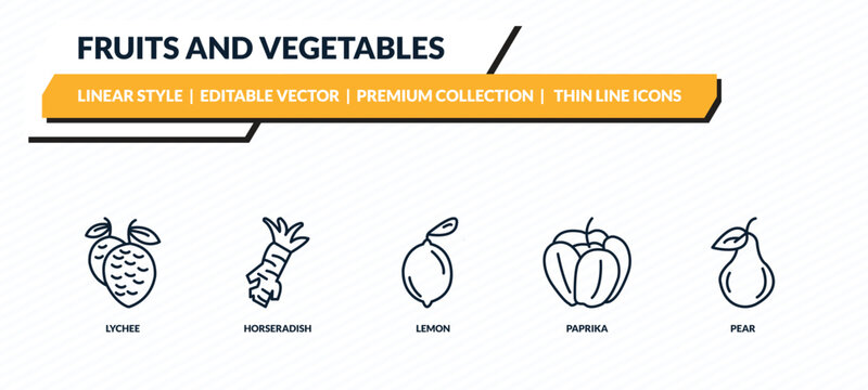fruits and vegetables icons set - lychee, horseradish, lemon, paprika, pear outline vector collection.