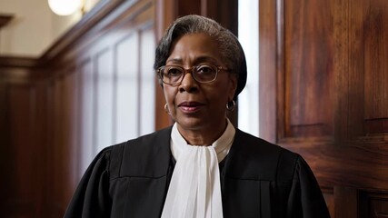 Woman stands in courtroom looking at camera with focused expression. Wood paneling and legal decor in setting. Concept of legal profession, courtroom drama, justice system