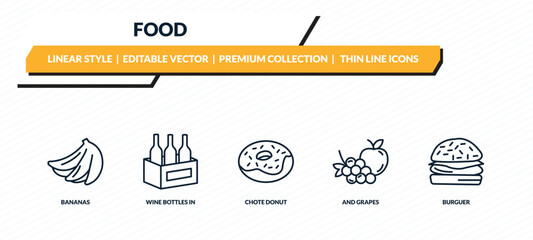 Naklejka premium food icons set - bananas, wine bottles in a box, chote donut, and grapes, burguer outline vector collection.
