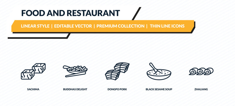 food and restaurant icons set - sachima, buddhas delight, dongpo pork, black sesame soup, zhaliang outline vector collection.