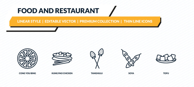 food and restaurant icons set - cong you bing, kung pao chicken, tanghulu, soya, tofu outline vector collection.