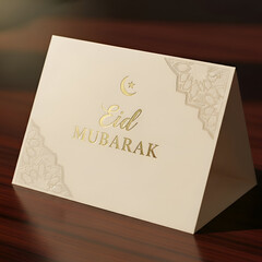 Eid Mubarak Greeting Card with Gold Foil Stamping and Crescent Moon Design on Cream Background