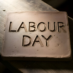 Labour Day Celebration with Clay Brick Emblem on Wooden Surface