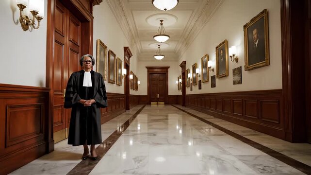 Judge stands confidently in corridor of historic courthouse with framed portraits on walls. Indoor setting with polished marble floor and wooden paneling. Concept of law, justice, government