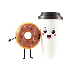 A cartoon donut with sprinkles and a disposable coffee cup with a smiling face on transparent background