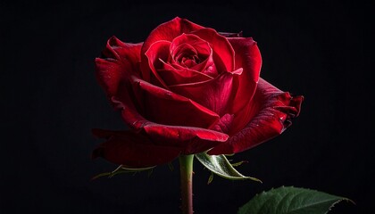 Lush, radiant crimson rose in full bloom, illuminated against a stark, black backdrop