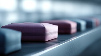 Process of luggage bags on conveyor belt before airplane departure, airport logistics travel concept