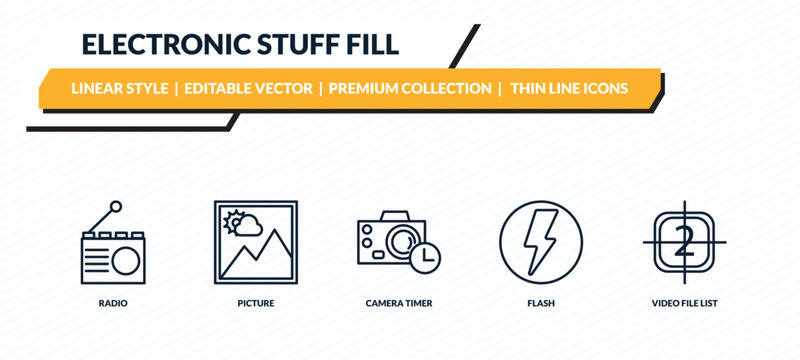electronic stuff fill icons set - radio, picture, camera timer, flash, video file list outline vector collection.