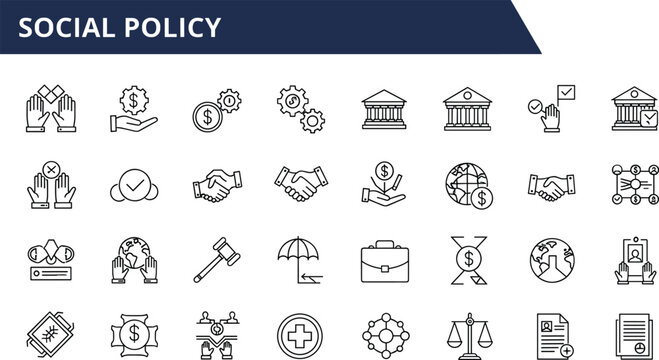 Comprehensive collection of social policy line icons featuring government buildings, financial aid, justice scales, healthcare symbols, and global cooperation graphics.