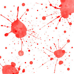 A vibrant abstract design featuring red paint splatters of various sizes on a solid black background on transparent background