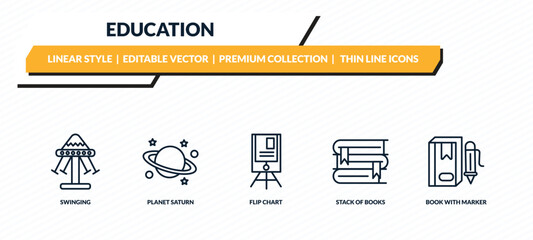 education icons set - swinging, planet saturn, flip chart, stack of books, book with marker outline vector collection. © IconArt