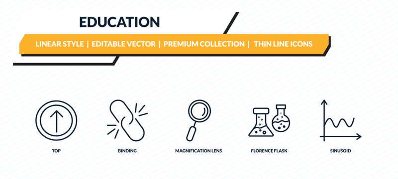 education icons set - top, binding, magnification lens, florence flask, sinusoid outline vector collection.
