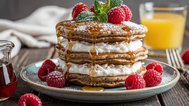 Pancakes stacked high with raspberries and syrup drizzled on top. Breakfast setting on wooden table with orange juice nearby. Concept of cafes, breakfast spots, food service