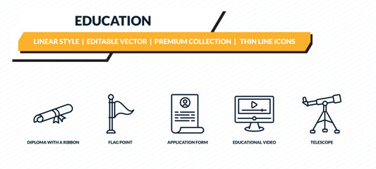 education icons set - diploma with a ribbon, flag point, application form, educational video, telescope outline vector collection. © IconArt