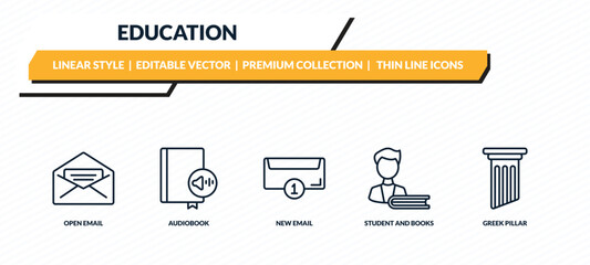 education icons set - open email, audiobook, new email, student and books, greek pillar outline vector collection.