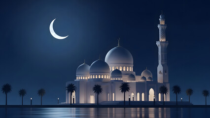 Beautiful mosque illuminated at night under crescent moon and starry sky, reflecting in water with palm trees