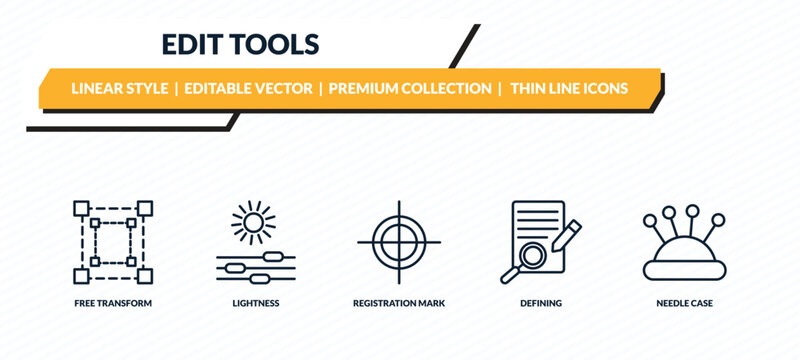 edit tools icons set - free transform, lightness, registration mark, defining, needle case outline vector collection.