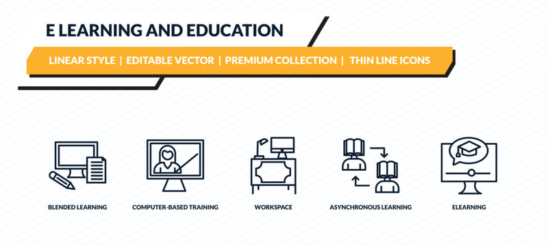 e learning and education icons set - blended learning, computer-based training, workspace, asynchronous learning, elearning outline vector collection.