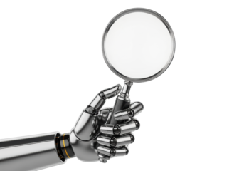 ultra-detailed chrome robotic hand holding a pristine magnifying glass with a reflective white lens center, isolated on a transparent background, macro shot. concept of technological visual analysis