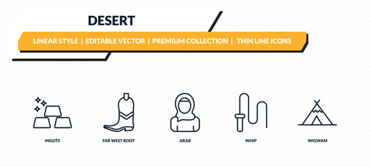 desert icons set - ingots, far west boot, arab, whip, wigwam outline vector collection. © IconArt
