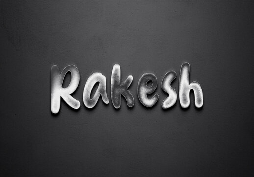 Chrome metal 3D Hindi name design of Rakesh on grey background.