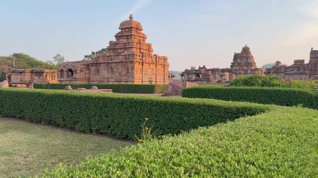 An 8th-century Nagara-style Chalukyan temple with a tall curving shikhara, located at Pattadakal, Bagalkot district, Karnataka, a UNESCO World Heritage Site.