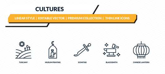 Fototapeta premium cultures icons set - tuscany, muslim praying, scimitar, blacksmith, chinese lantern outline vector collection.