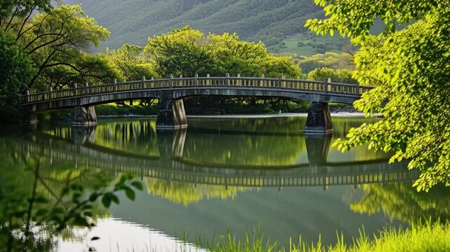 A serene bridge spans a tranquil lake surrounded by lush green trees and mountains.