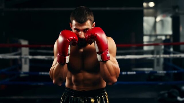 Boxer trains with gloves in gym setting. Indoor training area features punching bags and boxing ring. Concept of fitness, sports, athletics