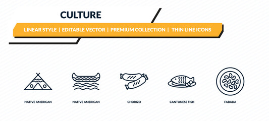 culture icons set - native american wigwam, native american canoe, chorizo, cantonese fish, fabada outline vector collection. © IconArt