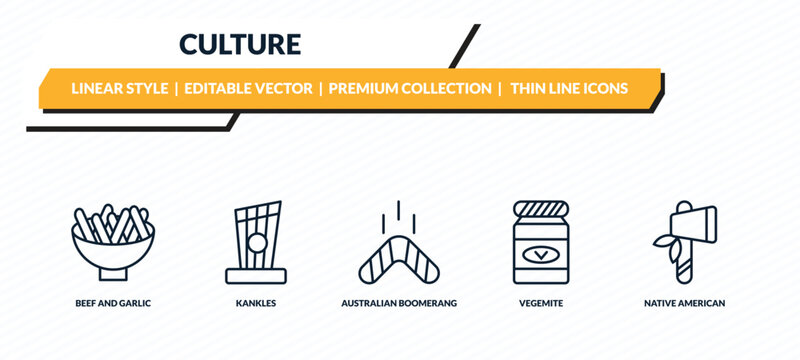 culture icons set - beef and garlic, kankles, australian boomerang, vegemite, native american axes outline vector collection.