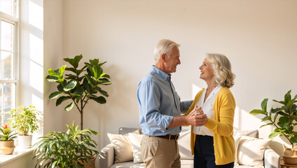 Happy senior couple dancing together at home. Romantic elderly man and woman holding hands in a bright living room. Active retirement and love concept