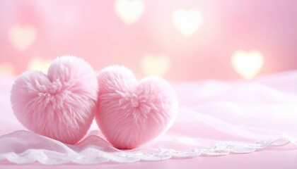 Fluffy pink heart-shaped objects rest on a silky fabric, with blurred heart-shaped lights