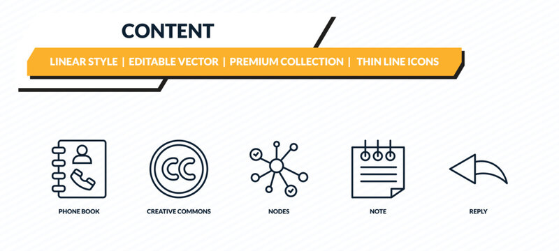 content icons set - phone book, creative commons, nodes, note, reply outline vector collection.