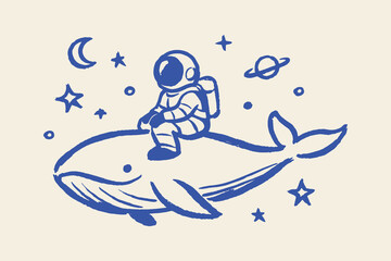 Obraz premium Astronaut riding whale in space doodle sketch vector illustration