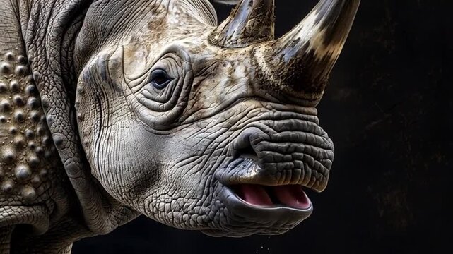 Close-up of a rhinoceros head with horn against a dark background.