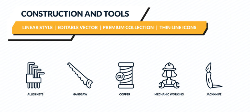 construction and tools icons set - allen keys, handsaw, copper, mechanic working, jackknife outline vector collection.