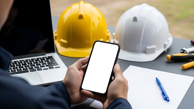 Construction worker using smartphone with laptop and hard hats on table.