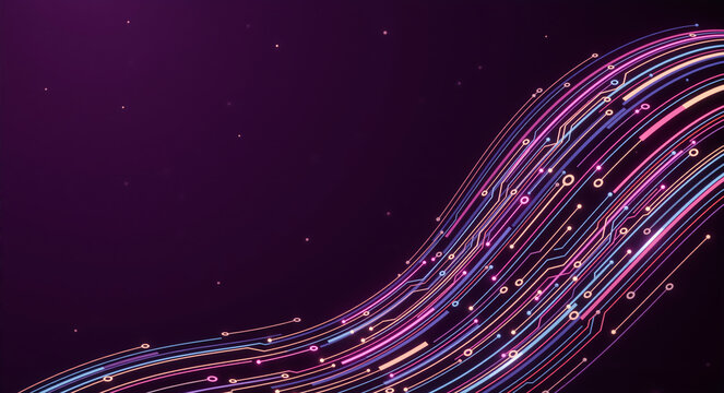 Abstract technology background with glowing circuit lines. Digital data flow wave in neon purple and pink colors. Futuristic cyber network concept with copy space - Powered by Adobe