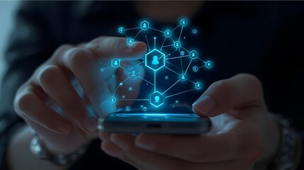 Person holding a smartphone with a glowing blue digital network connecting various data points