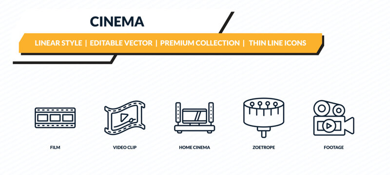 cinema icons set - film, video clip, home cinema, zoetrope, footage outline vector collection.