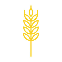 Yellow line icon of a wheat stalk on a white background. Thin outline vector representing harvest, grains, and healthy cereal products.