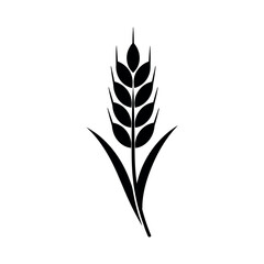 Fototapeta premium Solid black silhouette of a wheat stalk with two leaves. Professional flat vector icon for bakery, brewery, or agricultural logo design.