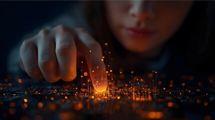 A human touch ignites a vibrant digital network, symbolizing innovation and data interaction