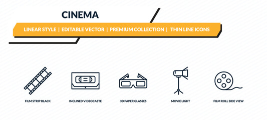 cinema icons set - film strip black, inclined videocaste, 3d paper glasses, movie light, film roll side view outline vector collection.
