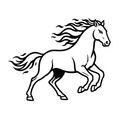 Black and white outline of a running horse, dynamic line art illustration isolated on white background.